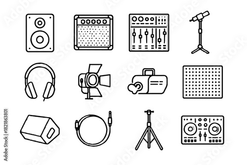 Concert machine vector icon controller screen equipment speaker headset mixing icons tripod