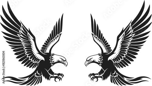 Symmetrical eagle vector illustration, aggressive posture, black and white silhouette, facing birds, heraldic style, tattoo design, freedom, power, patriotic symbol