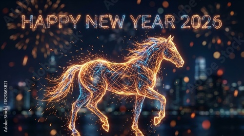 Abstract wireframe horse illustration creating a vibrant, sparkling display against a blurred city skyline with fireworks, marking the happy new year 2026 and chinese zodiac