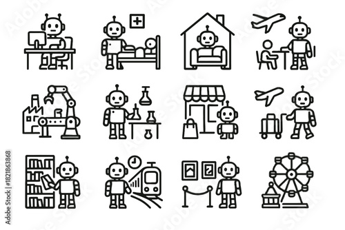 Factory exhibition icons theme library laboratory office environment robot icon vector train