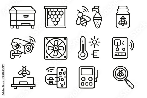 Icons jar honeycomb hive futuristic pollen wireless box camera beekeeping vector collector