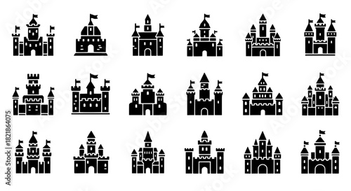 A Collection of Black and White Castle Vector Icons