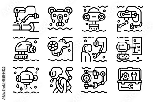 Scrubber aquatic icons underwater robot panel cable turbine vector icon detector maintenance