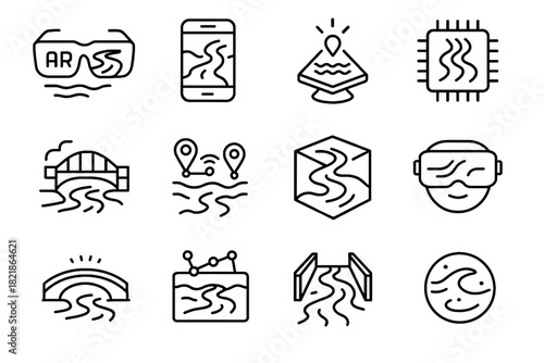 Immersive river flow riverbank virtual reality vector ar water icon sensors