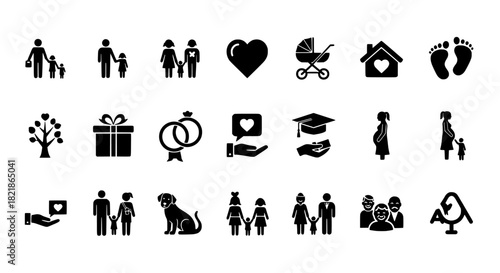 Family Life Icons Set Love, Growth, Milestones, and Togetherness