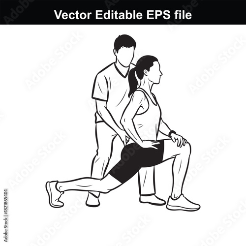 Man helping woman stretch legs in lunge position, fitness and exercise concept, isolated on white background