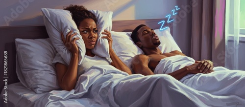 Annoyed woman in bed covering her ears with a pillow, unable to sleep due to her partner loudly snoring beside her, highlighting sleep disruption and relationship strain