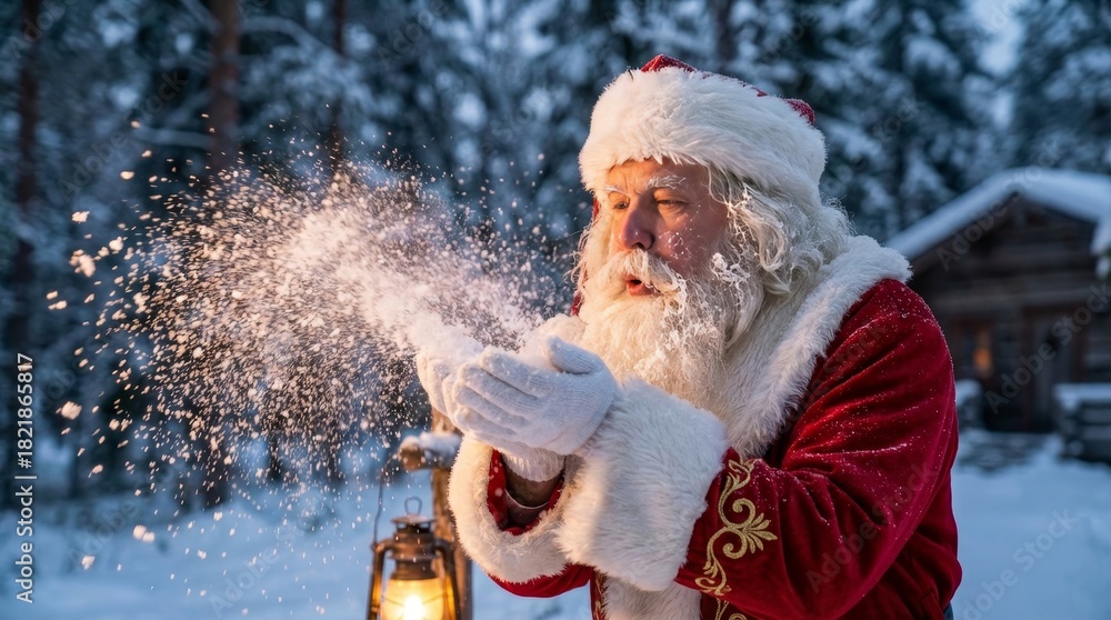 Naklejka premium Santa claus in his traditional red suit and white beard blowing a cloud of sparkling snow from his gloved hands, surrounded by a winter forest and a cozy cabin