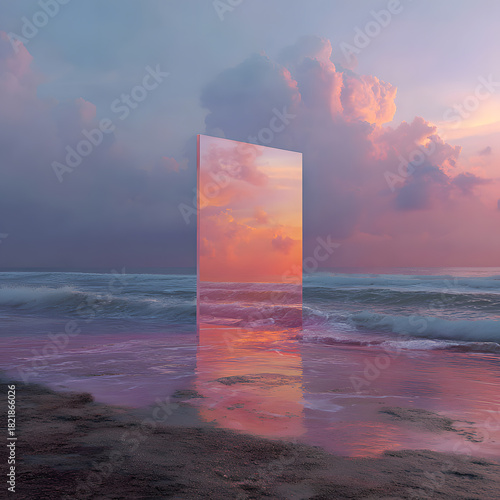 Abstract factasy and realistic mirror in desert, background, futuristic