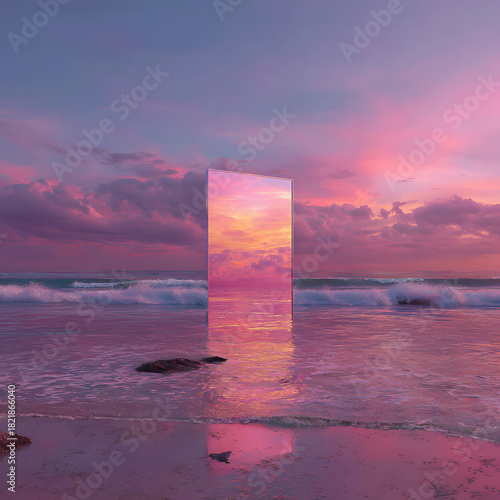 Abstract factasy and realistic mirror in desert, background, futuristic