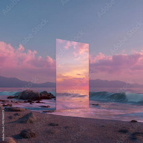 Abstract factasy and realistic mirror in desert, background, futuristic