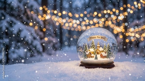 Festive snow globe showing a miniature winter village with snow-covered trees and houses, featuring a happy new year banner, set in a snowy forest scene with blurred string lights