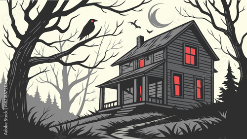 Spooky Haunted House Illustration with Crow, Dead Trees, and Red Windows at Night