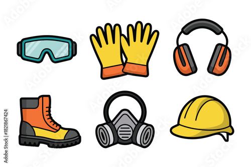 essential industrial safety equipment icons for personal protection gear showcasing construction helmets, safety vests, respiratory masks, protective eyewear, and warning signs in a simple flat vector