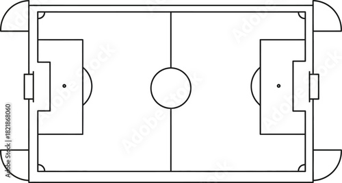 A simple outline of a rectangular soccer field with key markings