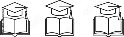 Three graduation caps atop open books in a simple line art style