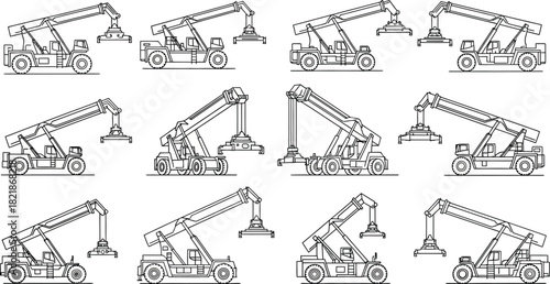 Line art illustration displaying different configurations of telescopic boom lifts