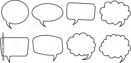 Collection of various black and white speech bubbles and thought balloons