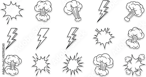 Collection of black and white cartoon explosion lightning and starburst effects