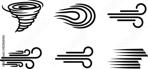 Black and white illustration of various wind swirl and gust symbols