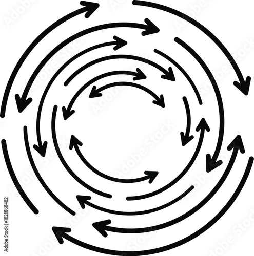 Spiral of black arrows circulating around a blank white center space