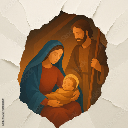Holy Family nativity torn vector fragmented background warm interior minimalist illustration