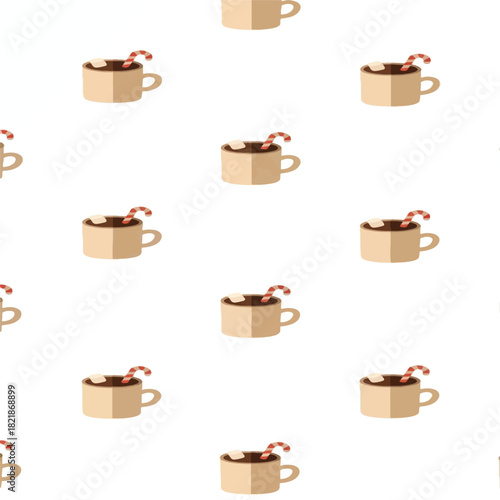 Seamless pattern of hot chocolate mugs with marshmallows and candy canes on a white background, perfect for winter and holiday designs.
