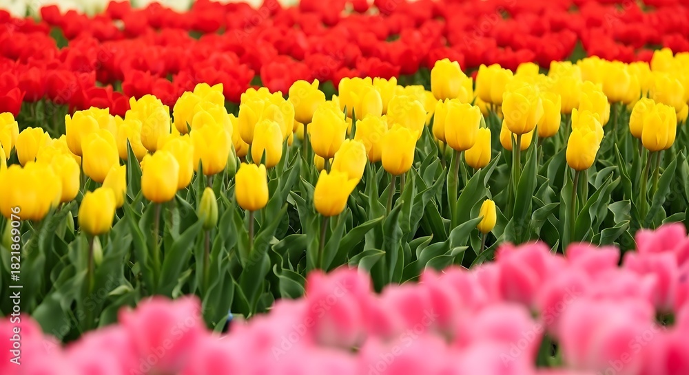 Obraz premium Rows of vibrant red, yellow, and pink tulips in full bloom, a spring spectacle