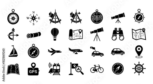 Travel and Navigation Icons Compass, Map, Airplane, and More