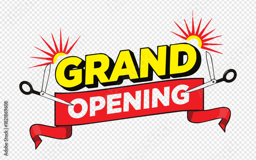 Celebrate a grand opening with this vibrant sign featuring scissors cutting a ribbon, perfect for new business promotions and attracting customers