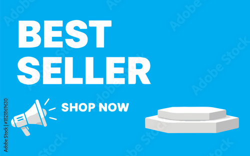 Announcing a new best seller with a modern, eye-catching megaphone and pedestal display for promotion, advertising, and marketing campaigns