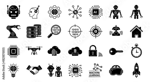 Artificial intelligence and technology icon set in a simple black and white style