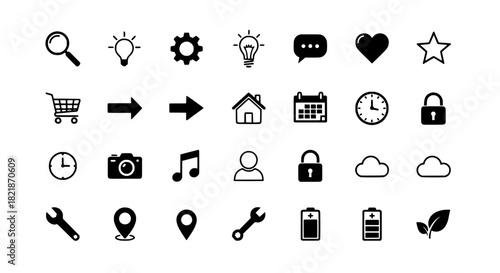 Collection of Simple Black and White Icons for Various Applications