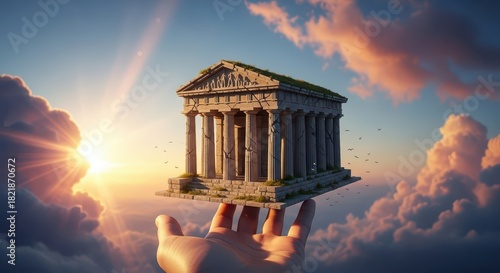 Gigantic hand gently supports ancient stone temple structure floating amidst bright clouds at sunrise