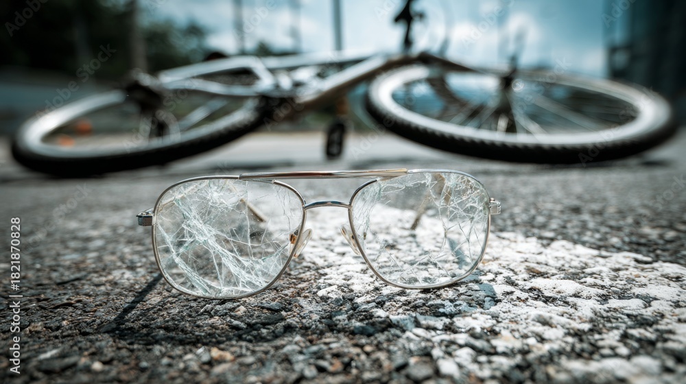 Naklejka premium Broken glasses near a fallen bicycle on a road under a clear sky in the afternoon sunlight