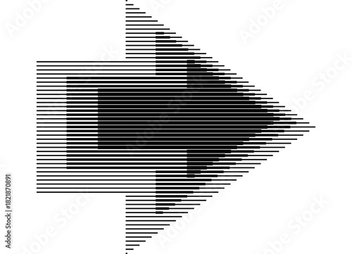 Striped dynamic vector arrow. Vector pattern of thin black lines on a white background. Design element. Pointer, navigation. Place for text. Halftone