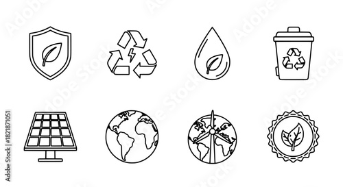Collection of Sustainable Ecology and Renewable Energy Outline Icons for Environmental Protection Concepts