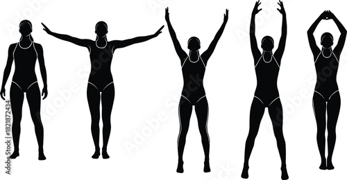 Athletic Female Silhouettes Performing Jumping Jacks Exercise Routine Isolated on White Background for Health, Fitness, Sport, and Workout Concepts, Full Body Length,