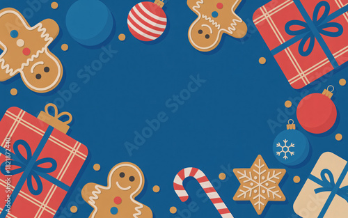 Festive christmas border with gifts gingerbread and ornaments