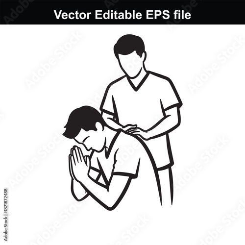 Two men in a line art style, one bowing with hands pressed together in prayer or greeting, the other standing behind with hands on his back, isolated on white background