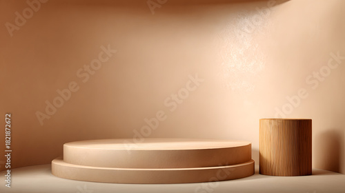 Fototapeta Naklejka Na Ścianę i Meble -  3d rendering of product display and demonstration for product, demo, backdrop, mockup, daylight, nature, beige	