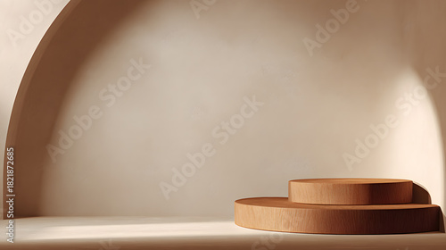 Fototapeta Naklejka Na Ścianę i Meble -  3d rendering of product display and demonstration for product, demo, backdrop, mockup, daylight, nature, beige	