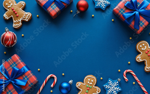 Festive christmas border with gifts ornaments and cookies