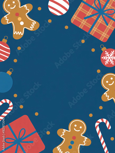 Festive christmas border with gingerbread cookies and gifts
