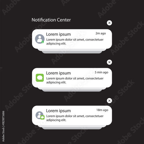 Push notifications icons. Notification template Message Interface. Message bubble icons. displaying alerts and messages on the screen. Vector.