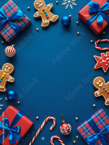 Festive christmas decorations and gifts arranged in a circle