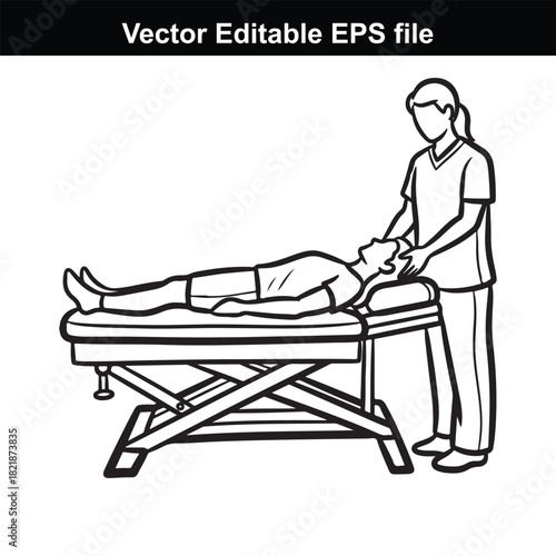 Line art illustration of a person receiving a head massage on a massage table, isolated on white background