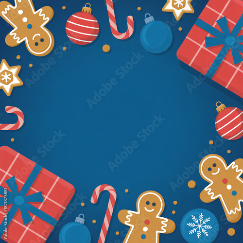 Festive christmas border with gingerbread cookies and gifts