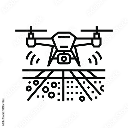 Drone monitoring agricultural field for smart farming technology icon
