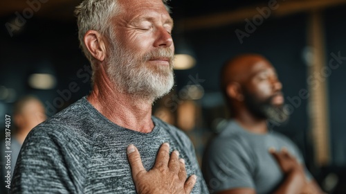 Men practicing mindfulness and breathing techniques during a relaxation session in a calm indoor environment